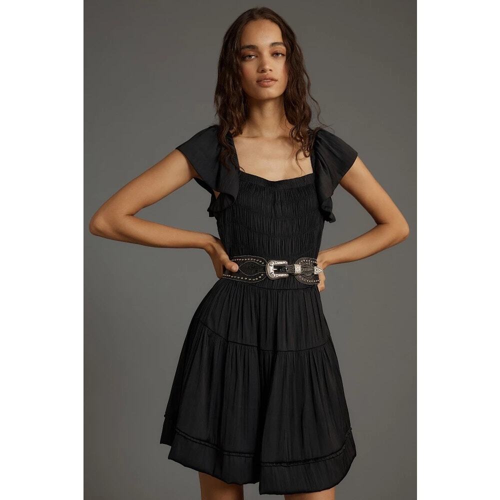 Anthropologie NWT Black Flutter Sleeve Square Neck Smocked Mini Dress Size M